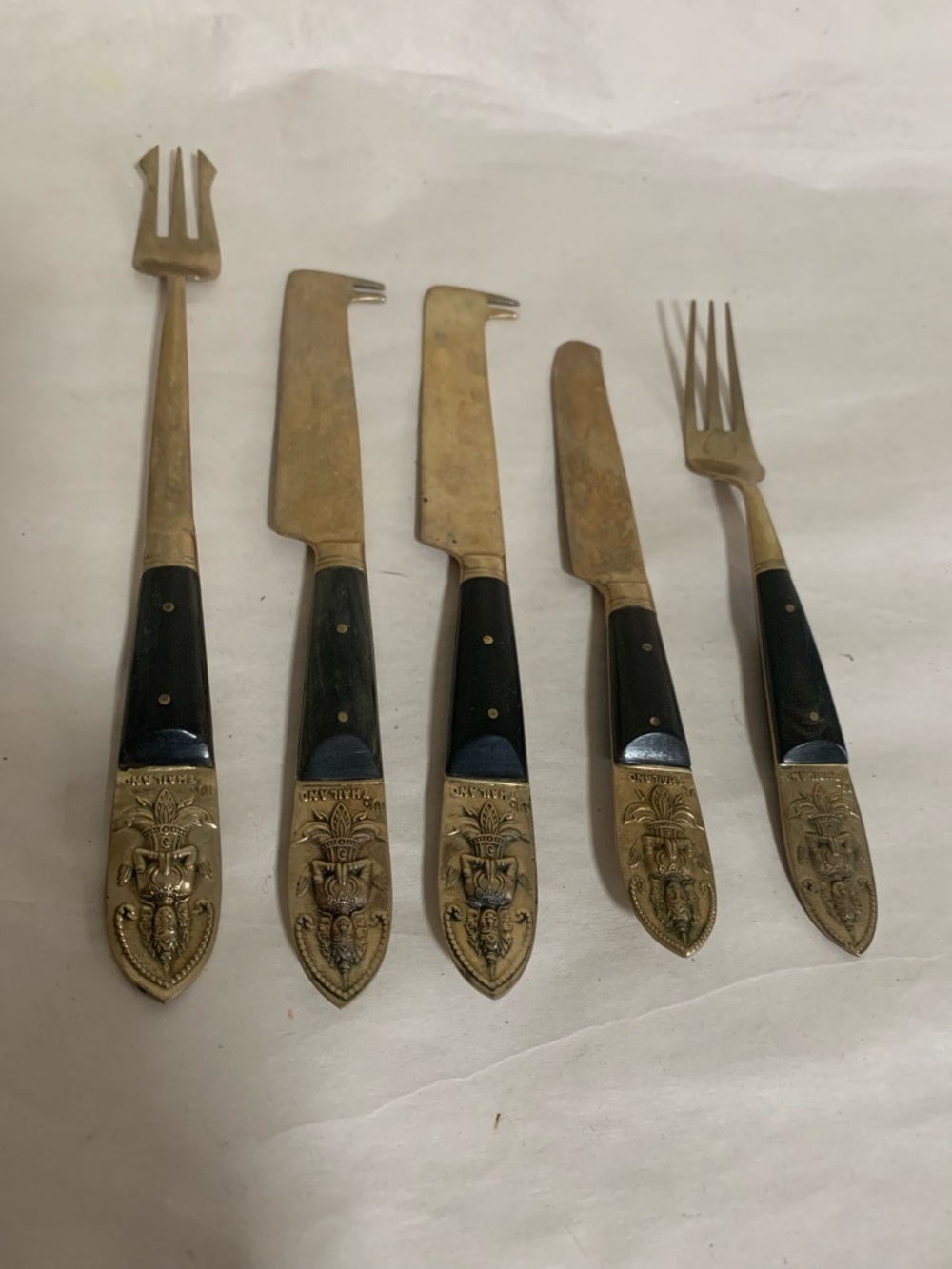 Vintage SIAM Buddha 5pc Thai Flatware Set Brass Bronze Black Wood Handles Knife